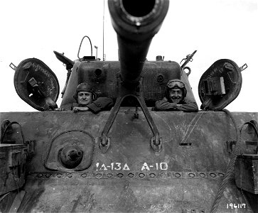SC 196117 - Maj. Gen. Eurico Jaspar Dutra, (left), Brazilian Minister of War and Maj. Gen. Mascarenhas De Moraes, C.G. of the B.E.F., shown in hatches of a medium tank in which they took a ride during an inspecting tour at the IV Corps recently.