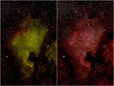 NGC 7000 Merge RGB+OIII vs RGB+Ha photo