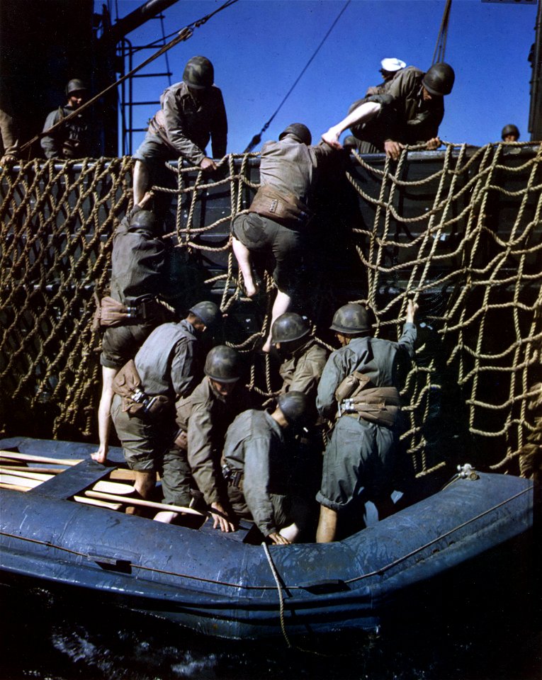 C-956 - Rubber boats launched over side of Auxiliary Personnel Craft by troops of 32nd Div. of Camp Cable, Queensland, Australia as part of their amphibian training at U.S. Navy Base, Landing Force Equipment Depot, at Nelson's Bay, NSW, Australia.