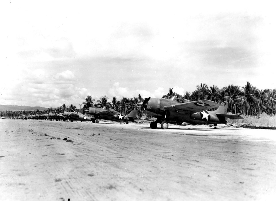 Grumman F4F Wildcat planes on the fighter strip at Henderson Field. Guadalcanal. January, 1943.
