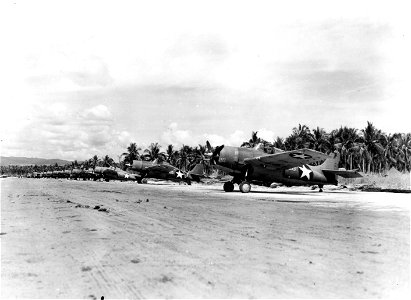 Grumman F4F Wildcat planes on the fighter strip at Henderson Field. Guadalcanal. January, 1943.