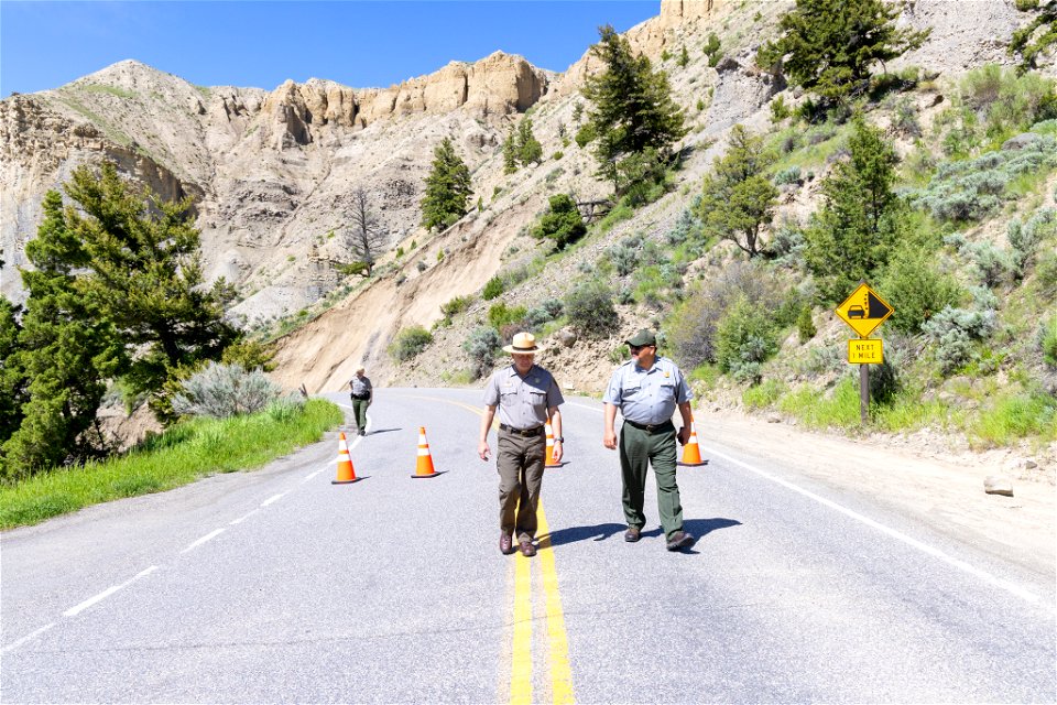 Yellowstone flood event 2022: Superintendent, Cam Sholly, shows NPS Director Chuck Sams damage to North Entrance Road from the ground (2)