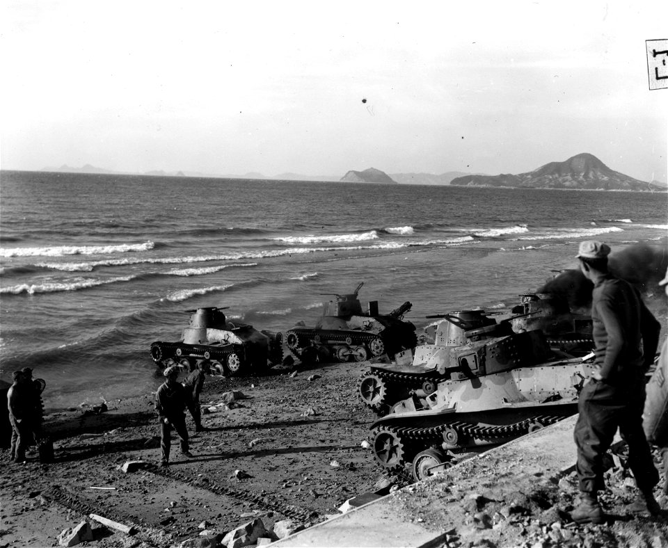 SC 221562 - Jap tanks being ignited by men of the 75th Amphibious Truck Co. 13 November, 1945.
