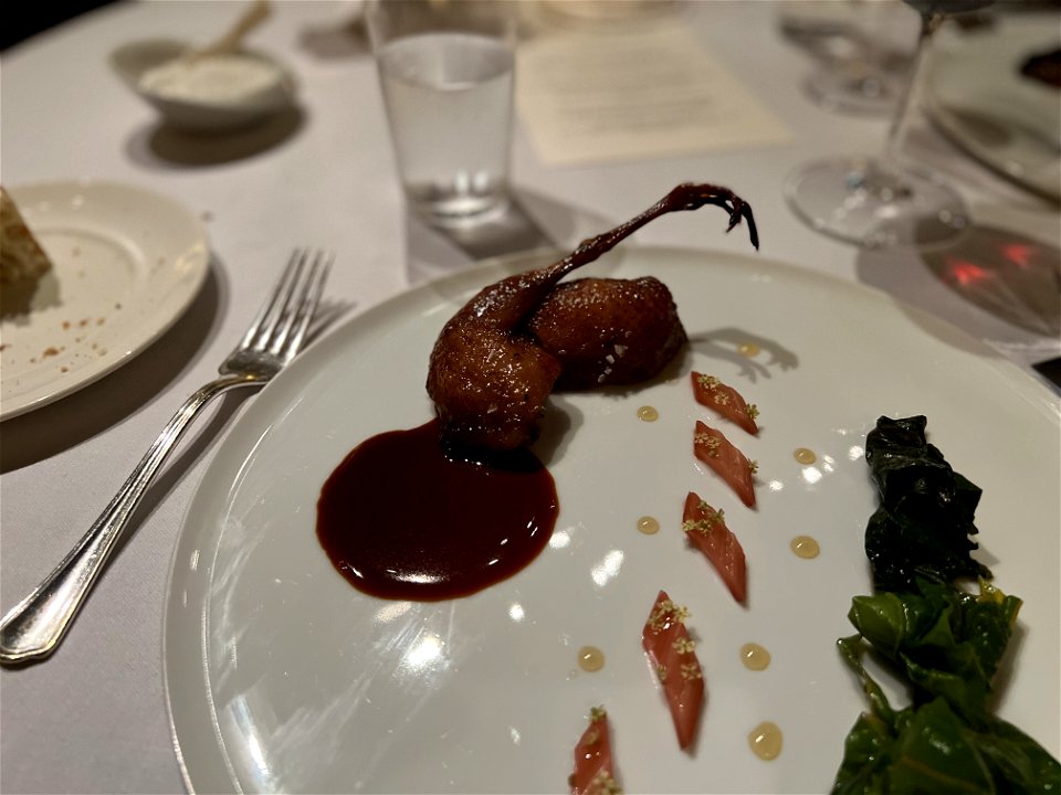 Brent Wolfe Quail, Rainbow Chard, Elderflower Honey, Strawberry Vinegar