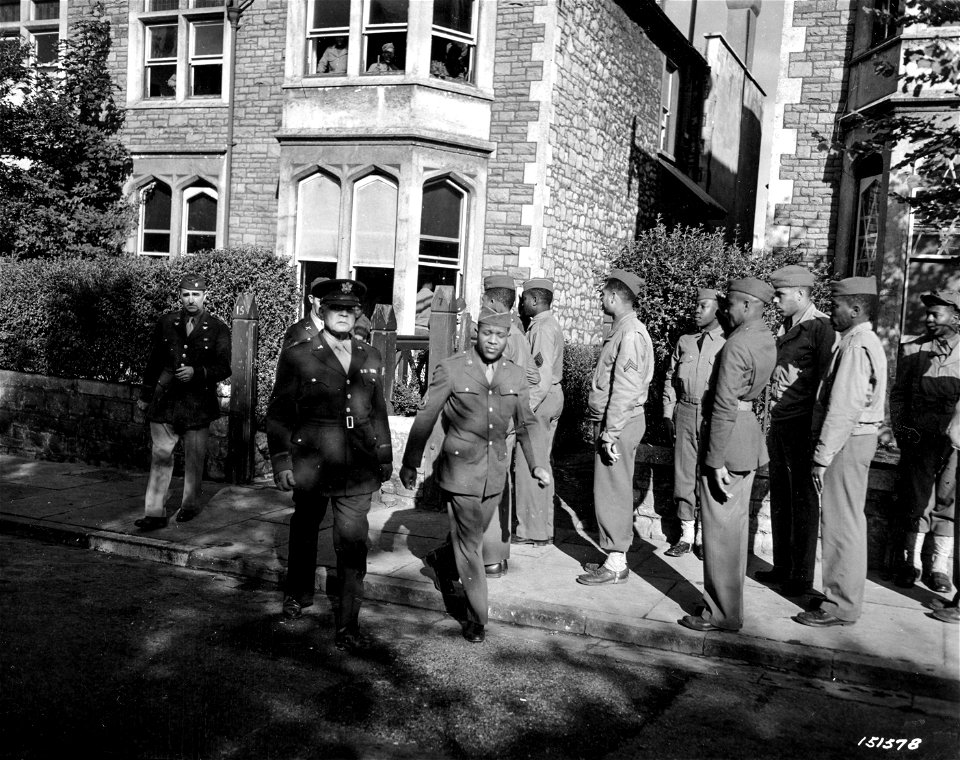 SC 151578 - Brig. Gen. Benjamin O. Davis during inspection of quarters of colored troops in England. October 2, 1942.