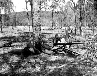 SC 166679 - A dummy machine gun nest set up showing how it looked before hand grenades were thrown at it by an attacking platoon in a demonstration given by the men. Rockhampton, Australia. 27 November, 1942. photo