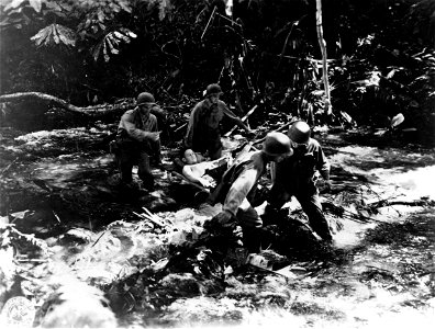 SC 334752 - A litter squad fords a stream with a wounded soldier on way to Battalion Aid Station, Bougainville, Solomon Islands. 13 December, 1943. photo