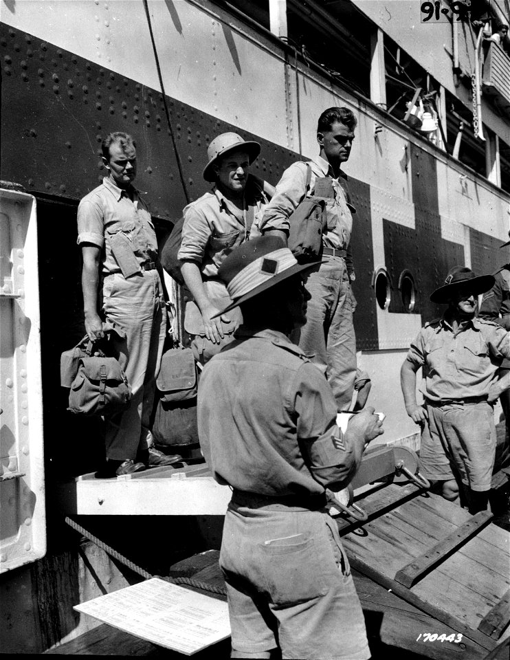 SC 170443 - American casualties from the Battle of Milne Bay are shown leaving the Australian Red Cross ship at Newstead Wharf, Brisbane. 14 September, 1942.