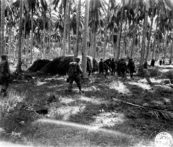 SC 271382 - Troops of the 3rd Bn., 163rd Regt., 41st Div., advancing towards town - Jap pillbox at left. photo