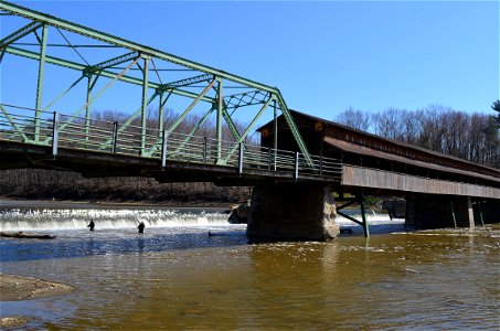 The Harpersfield Covered Bridge and sea lamprey barrier in the Grand River, Ohio.