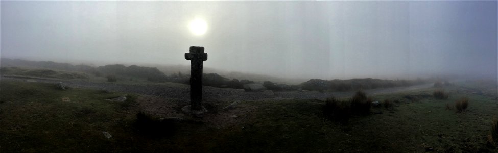 Sunrise, Rolling Mist,  Nun's Cross Farm ( Siward's Cross ), Princetown , Dartmoor National Park, Devon , UK. 17th April 2022 (Apple Ipod Panoramic Photo)