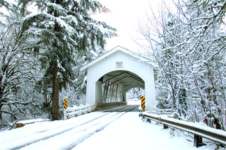 Hannah Covered Bridge in snow, Oregon photo