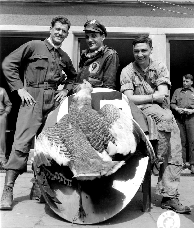 SC 334832 - Left to right: Lt. Frances J. O'Connell, Girard, Ohio, 64 missions... Lt. Fred R. Canada, Fort Arthur, Texas... and Lt. Thomas C. Mills, Bryan, Ohio.