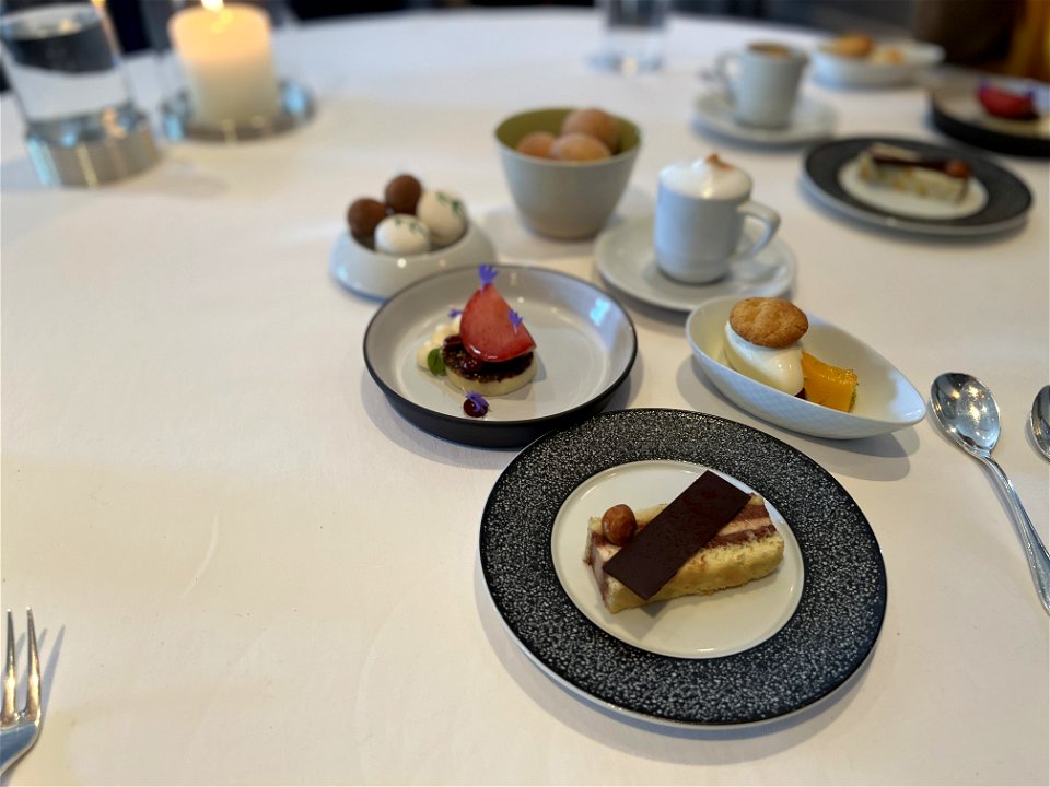 Desserts, Macarons, Cappuccino Semifreddo and Cinnamon Sugar Donuts "Coffee and Donuts"