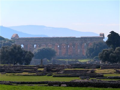 Temple of Neptune from afar Paestum Italy