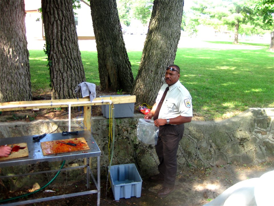Hatchery staff at the cleaning station.