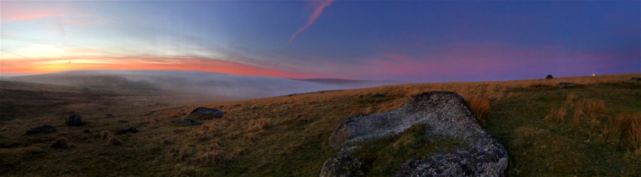 Sunrise, Moonset, Rolling Mist, Evil Combe, Dartmoor National Park, Devon, UK. 17th April 2022 (Apple Ipod Panoramic Photo)