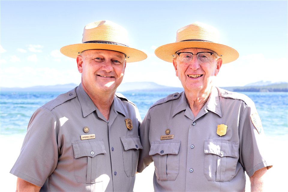 Superintendent Cam Sholly and Harlan Kredit, celebrating his 50th summer in Yellowstone
