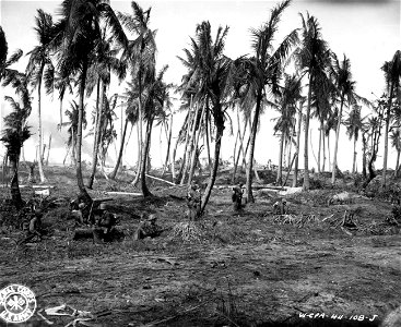 SC 270784 - Men of the 7th Div., U.S. Army, looking out for snipers. Smoke in background is Jap fuel dump on Enilapkan Island, Kwajalein. photo