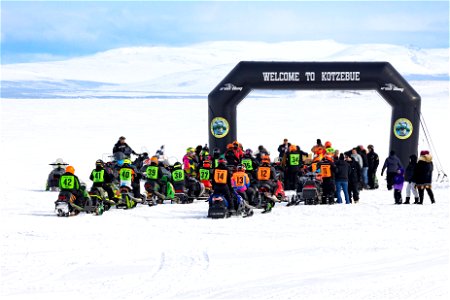 At the start of the women's snowmachine race in Kotzebue.