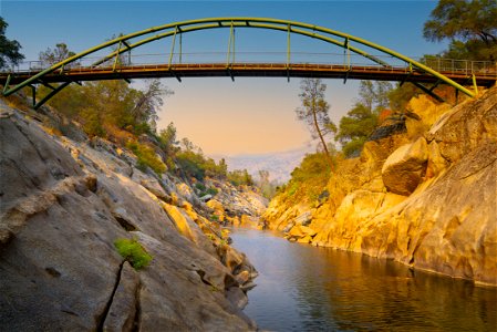Foot bridge at sunset over the San Joaquin River Gorge photo