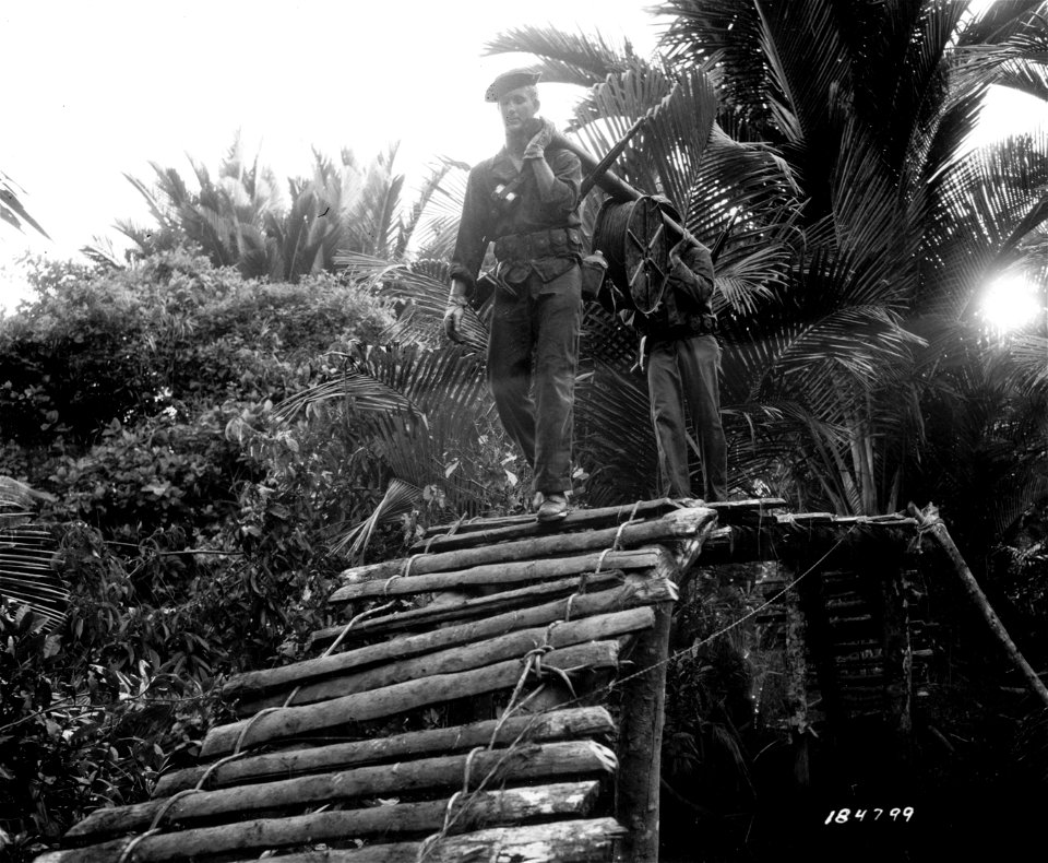 SC 184799 - Pvt. James W. Davis of Datto, Arkansas, and Pvt. Finis Houser of Houston, Texas, linemen carrying an 80lb reel  of field wire over a bridge on New Guinea.