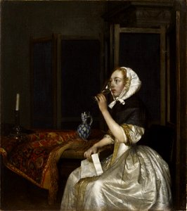 Gerard ter Borch (1617−1681): Lady seated holding a Wineglass / Viiniä juova nainen kirje kädessään / Vindrickande kvinna