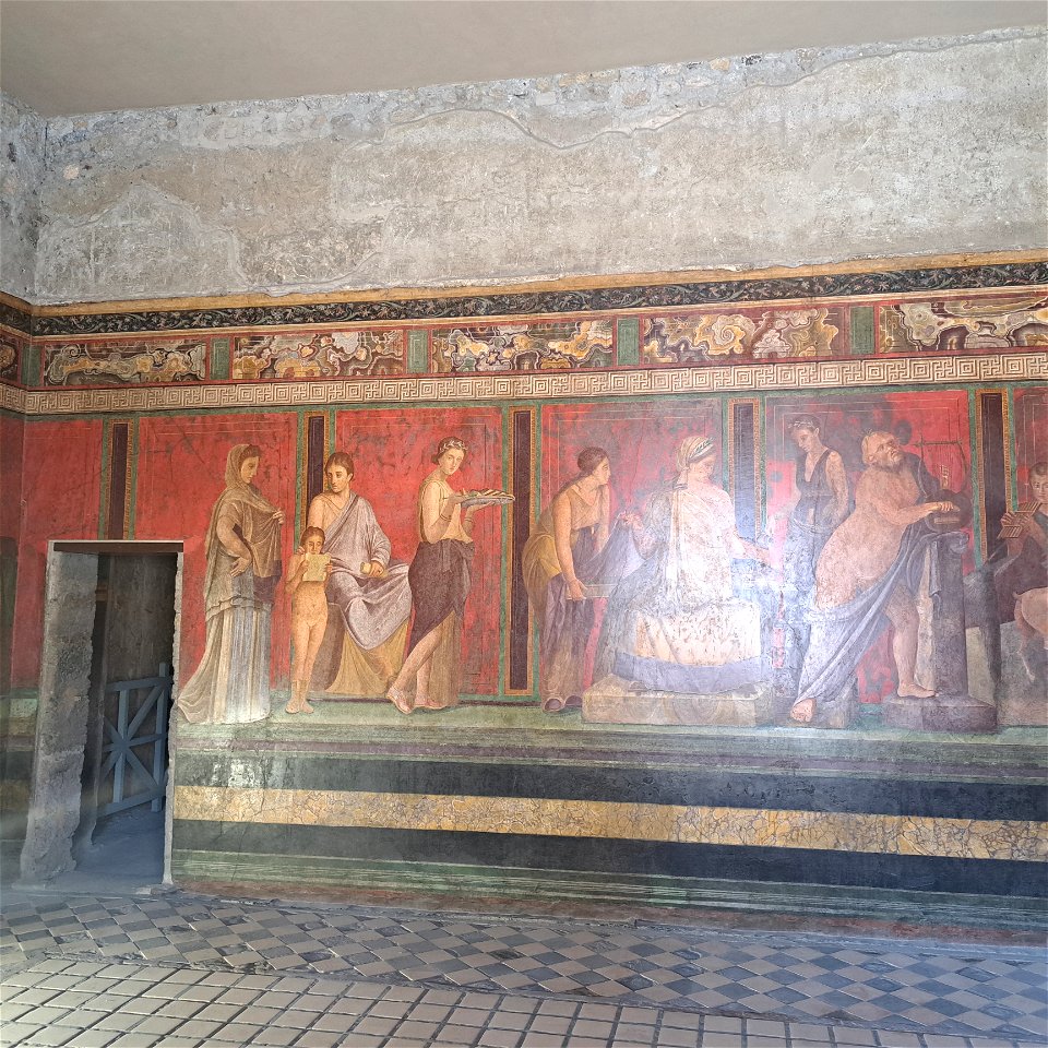 View of House of Mysteries Cult Initiation Dionysis Panels Ruins Pompeii Italy