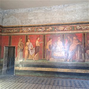 View of House of Mysteries Cult Initiation Dionysis Panels Ruins Pompeii Italy