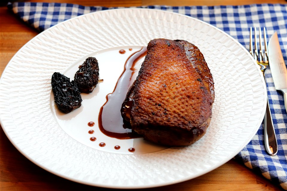 Sous Vide Duck Breast, Sautéed Morels, Syrah Reduction, Black Lime Rice photo