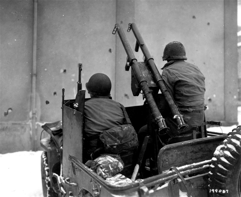 SC 199087 - Double trouble for the Germans comes in the form of twin bazookas mounted on a .50 caliber machine gun mount, which can be completely traversed.