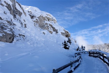 Snowy boardwalk near Mound Terrace photo