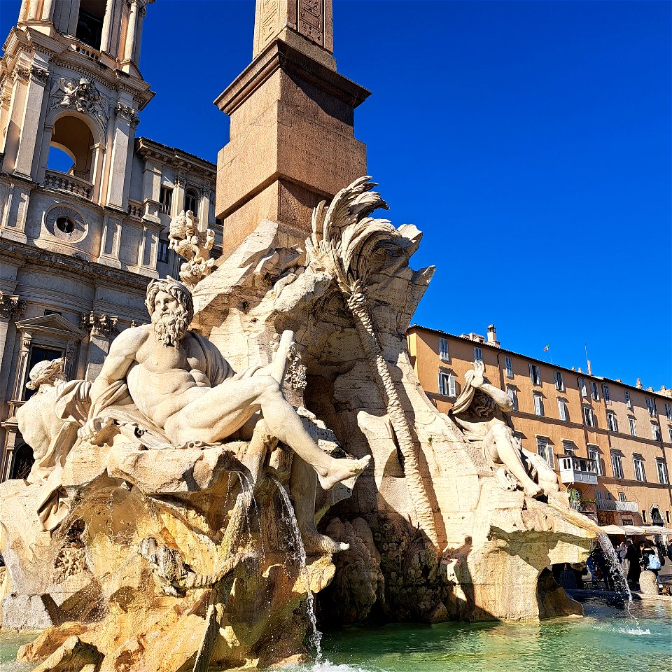 Close up Bernini Fontana dei Quattro Fiumi Piazza Navona Rome Italy
