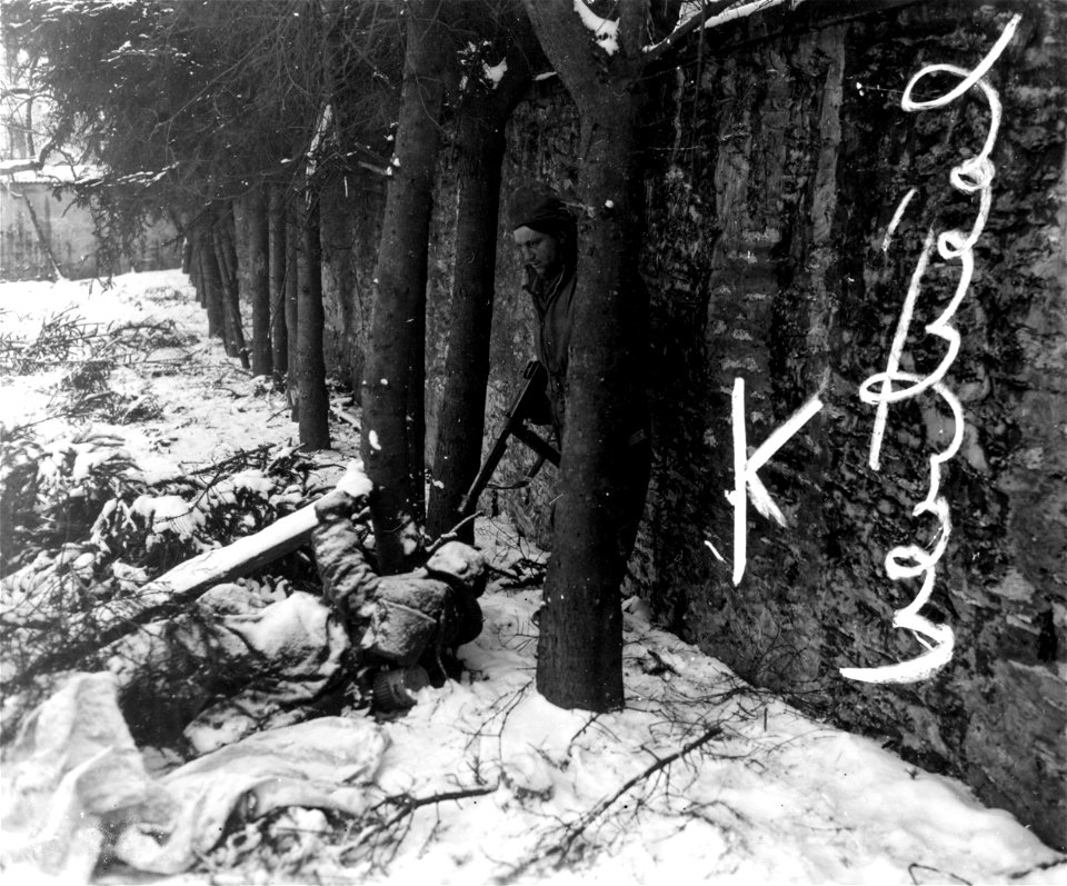 SC 199033-S - Third Army corpsman T/5 [illegible] Quaranto, Brooklyn, N.Y., prods dead German for for possible booby traps near Wiltz, Luxembourg. 22 January, 1945.