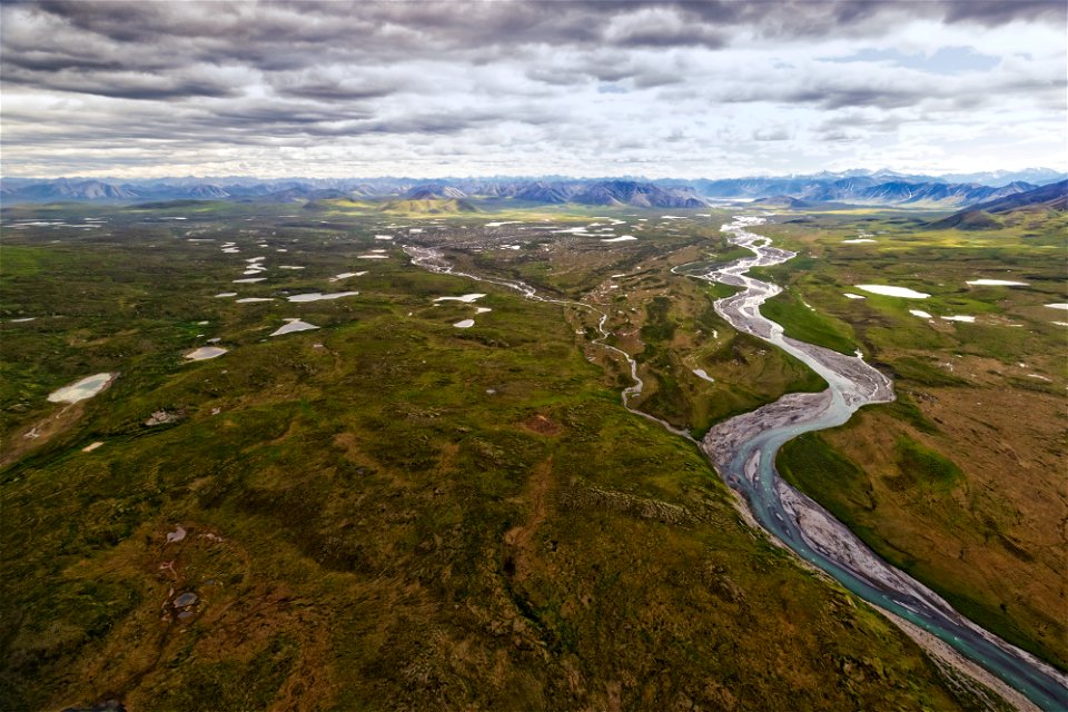 Aerial view of coastal plain and Brooks Range.