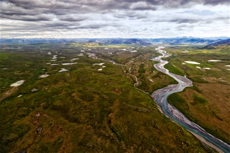Aerial view of coastal plain and Brooks Range.