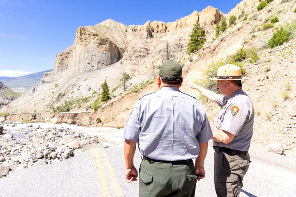 Yellowstone flood event 2022: Superintendent, Cam Sholly, shows NPS Director Chuck Sams damage to North Entrance Road from the ground