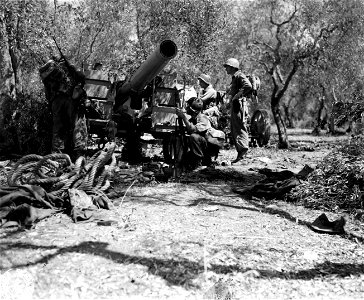 SC 329830 - 143rd Infantry soldiers looking at a captured 170mm gun. The third individual in front is John M. Shaw, Nacogdoches, Texas, who has been on the move for two days. 20 June, 1944.