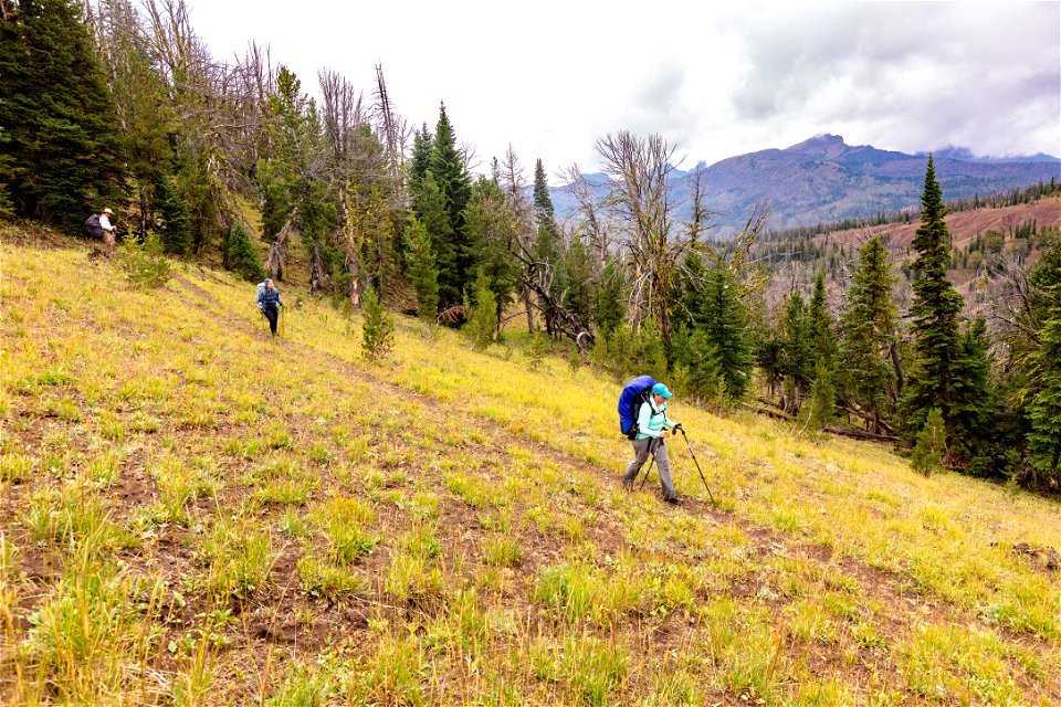 Backpackers with Saddle Mountain in the distance