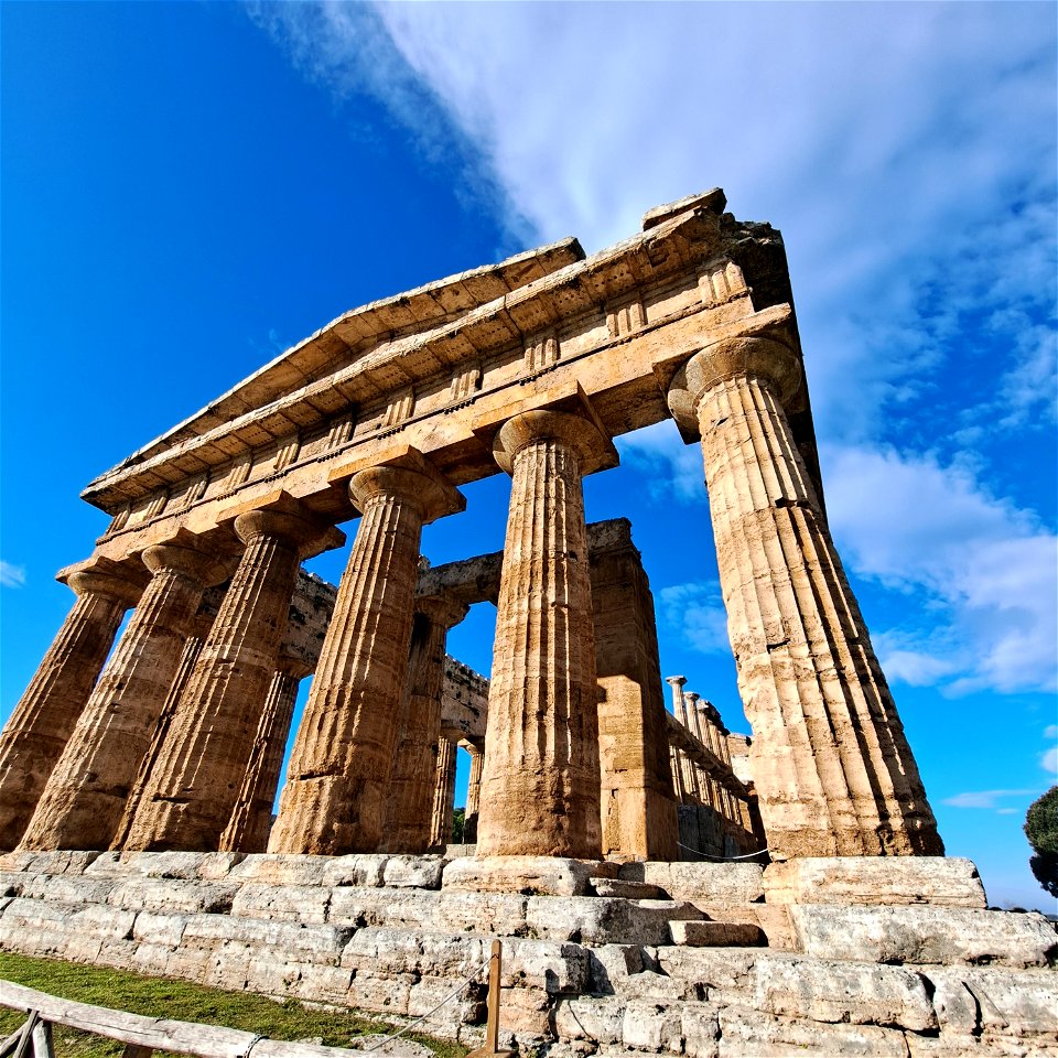 Looking up at Front Temple of Neptune Paestum Itlay