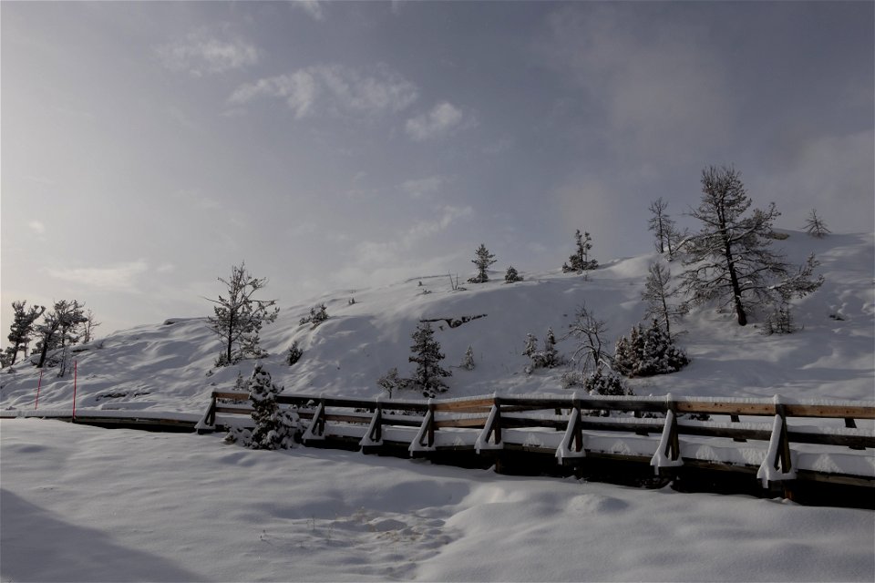 Fresh snow along the boardwalk at the Mammoth Hot Springs Terraces (1)