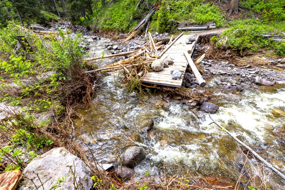 Yellowstone flood event 2022: Roosevelt Lodge Lost Lake Trail foot bridge washed out