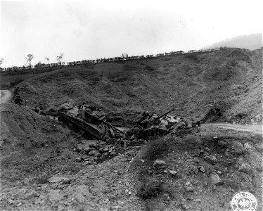 Two tanks form a V where they have both slipped off road. Tole area, Italy.