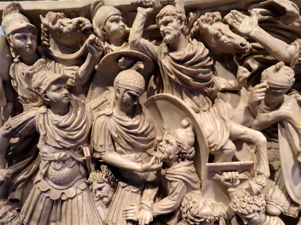 Detail of fighters and horses  Great Ludovisi Sarcophagus Palazzo Altemps Rome Italy