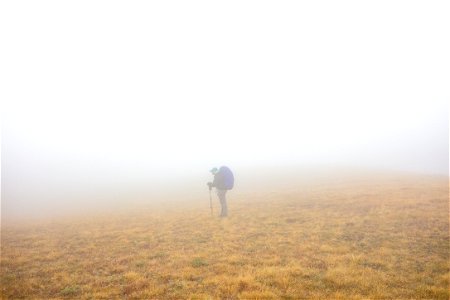 Looking for trail markers in low visibility conditions photo