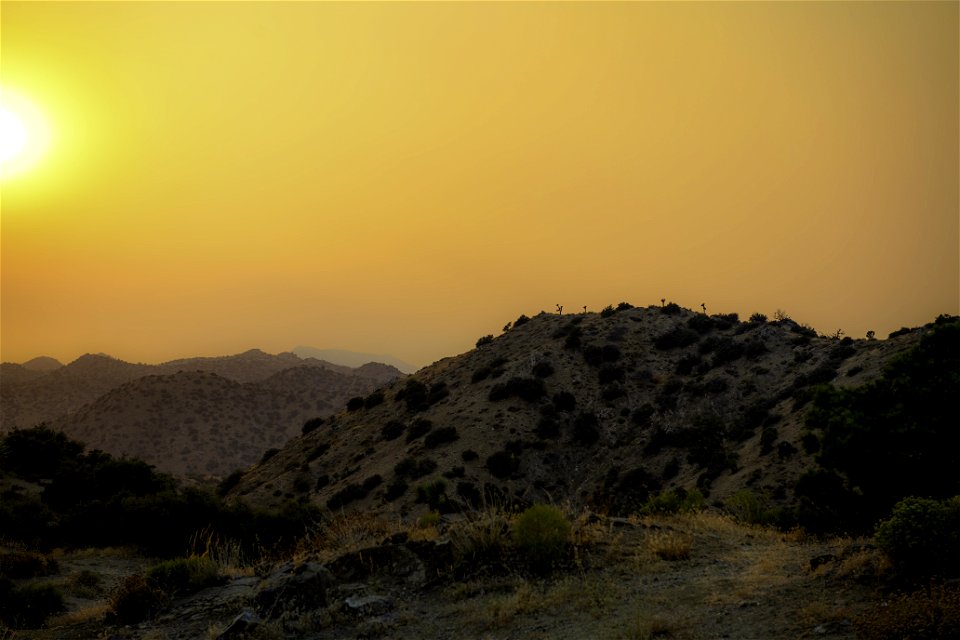 Smoke from Apple Fire at sunset at Eureka Peak