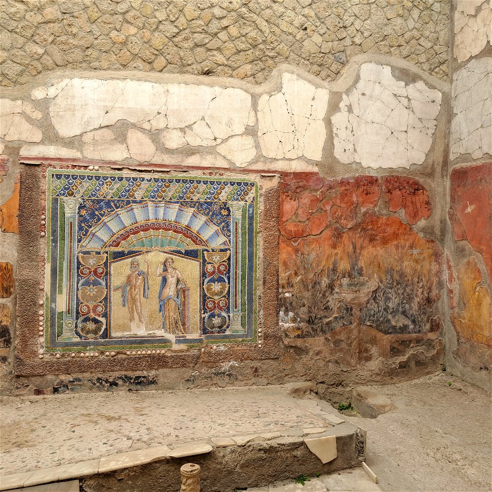 Full wall view of Neptune and Amphrite Mosaic in House of Neptune and Amphrite  Herculaneum Italy