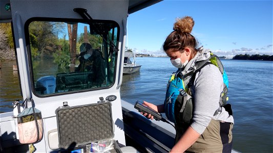 DWR staff takes water quality measurements before placing fish in enclosures