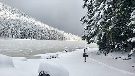 Trillium Lake at the beginning of winter, Mt. Hood National Forest photo
