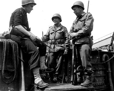 SC 364337 - Army and Navy get together while standing guard on a captured German ship in Bremerhaven. photo